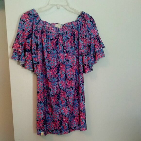 🌺🍍Simply Southern Off‑Shoulder Pineapple & Floral Top 🌺🍍 Navy • Size L - Picture 8 of 9